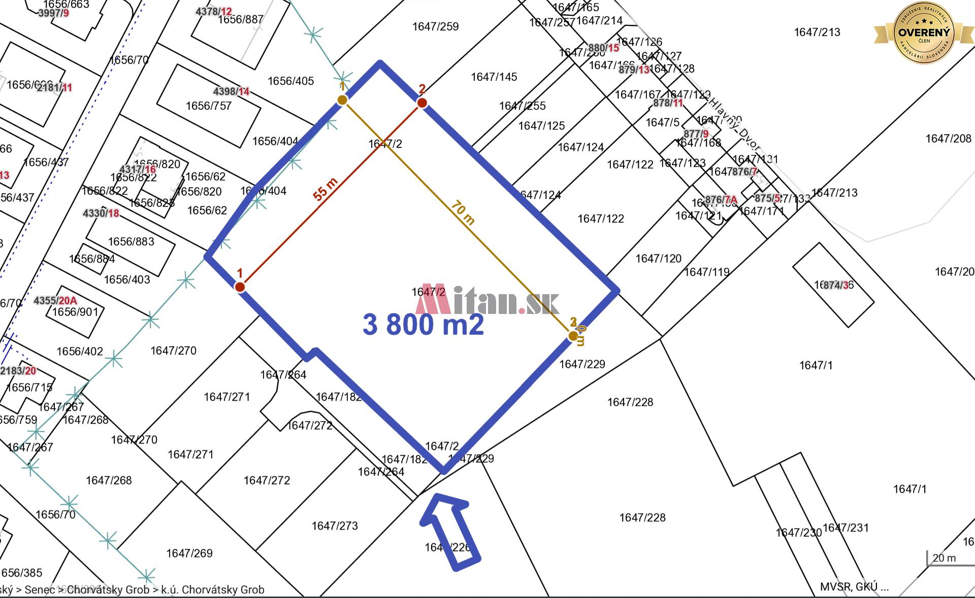 predaj, pozemok pre výstavbu rodinných domov, CENTRO Čierna Voda - rozmery pozemku