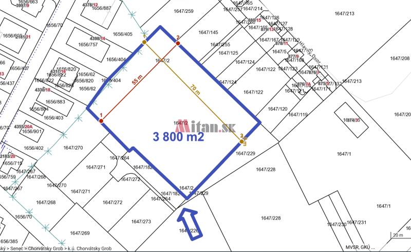 predaj, pozemok pre výstavbu domova seniorov, CENTRO Čierna Voda - rozmery pozemku