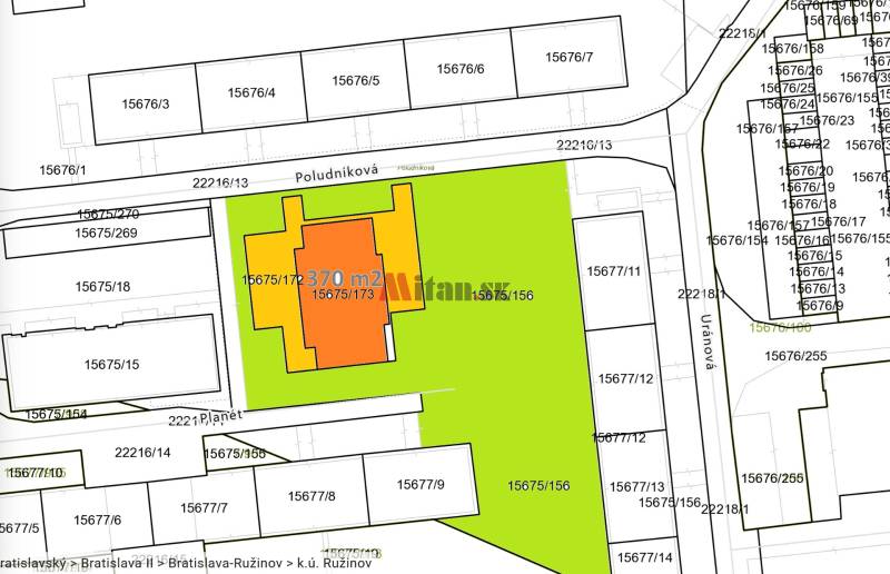 Mapa pozemkov na Poludníkovej ulici v Bratislave-Ružinove na bývanie.
